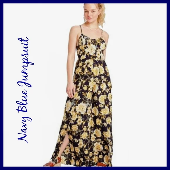 👋 FINAL MARKDOWN CLOSET CLOSINNG WT Spring Navy Blue Floral Jumpsuit Leg Slit - Picture 6 of 9